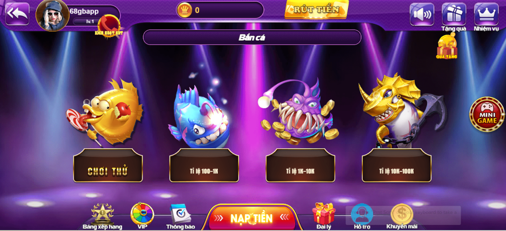 Bắn cá 68gb - Bắn cá cực vui, nhận thưởng về túi 2 Các phòng chơi bắn cá