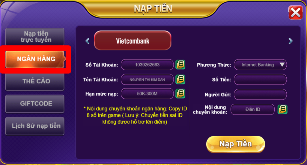 Nạp tiền 68gb - Hướng dẫn chi tiết nhất 6 Nạp tiền 68gb bằng tài khoản ngân hàng