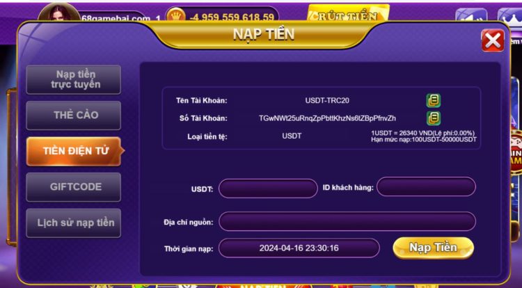 Cách nạp, rút tiền bằng USDT tại cổng game 68 game bài 2 Các bước nạp tiền bằng USDT tại cổng game bài 68